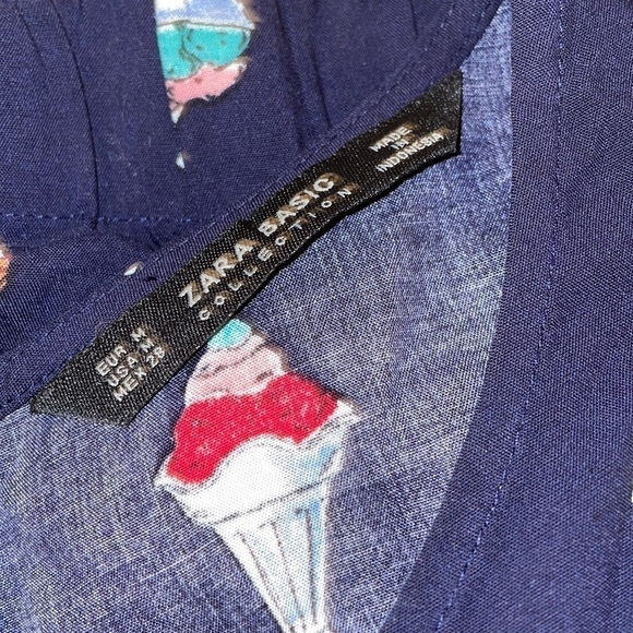 Zara women’s shirt blouse Medium top ice cream sundae print tie navy blue - Picture 7 of 9